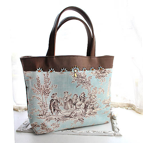 ビーズ刺繍バッグ　トワルドジュイ　水色と茶系