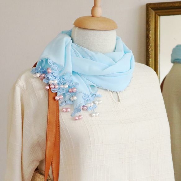 [Made to order] OYA chiffon shawl [CHERRY] Baby Blue 第1張的照片