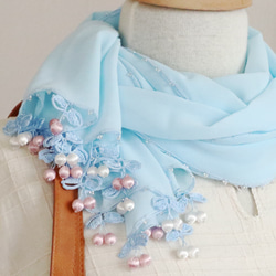 [Made to order] OYA chiffon shawl [CHERRY] Baby Blue 第3張的照片