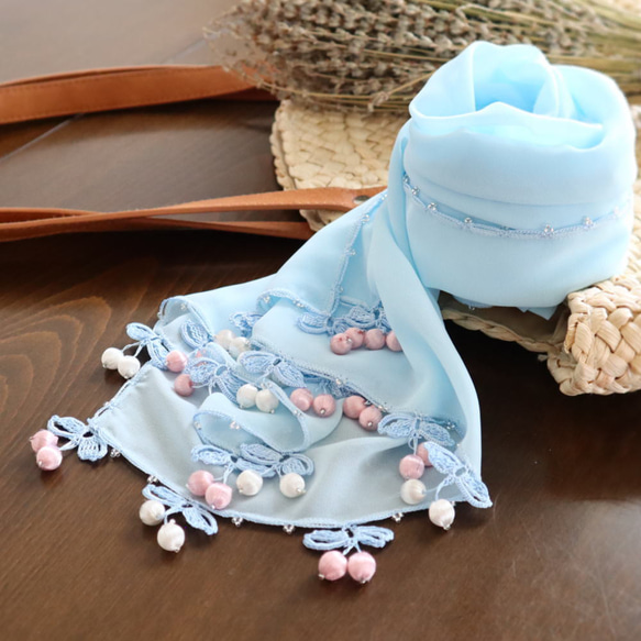 [Made to order] OYA chiffon shawl [CHERRY] Baby Blue 第2張的照片