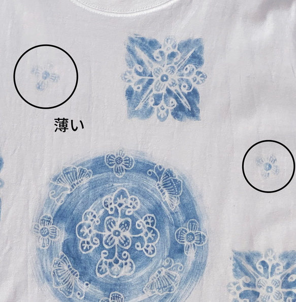 ＜ワケありな逸品＞手描き更紗＊ビッグTシャツ 白地に藍染め 花蝶模様 7枚目の画像