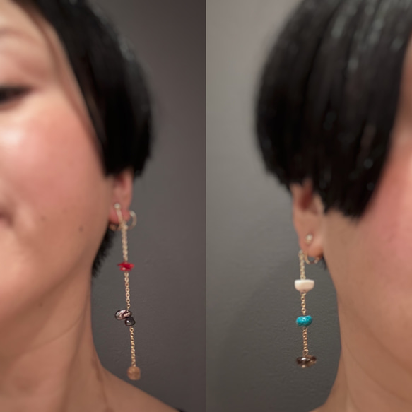 Pearl x Coral x Gemstone Asymmetry Earrings 8枚目の画像