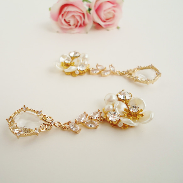 【再販】お花ビジューとガラスのしずく　イヤリング/ピアス/結婚式/ウェディング/花/フラワー/ビジュー/雫/ドロップ 6枚目の画像