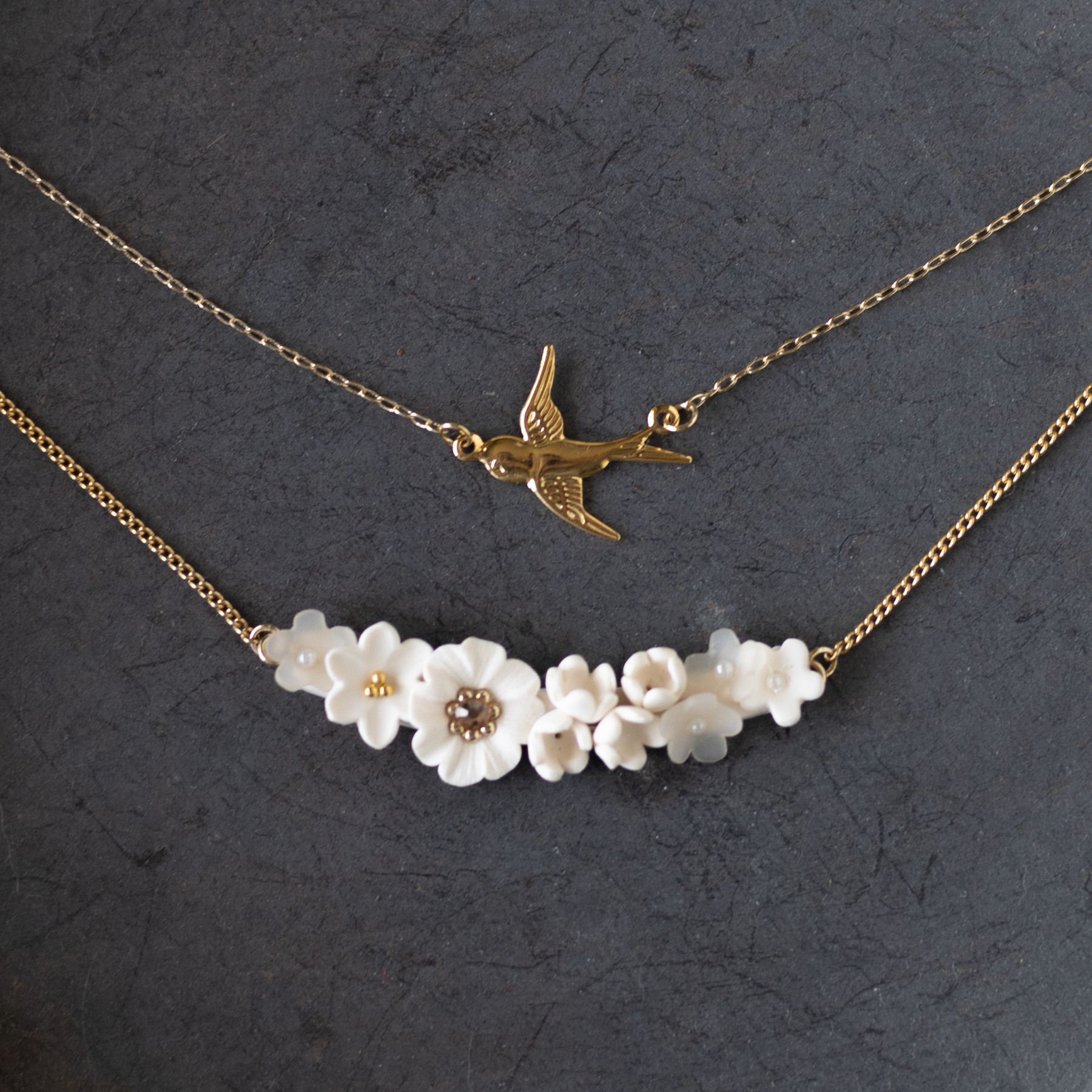 2点セット / 重ね付け / ツバメと花畑のネックレス