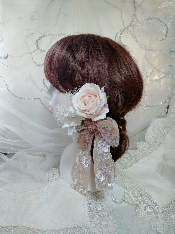 髪飾り☆ペールベージュ大リボンに薔薇 9枚目の画像
