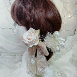 髪飾り☆ペールベージュ大リボンに薔薇 7枚目の画像