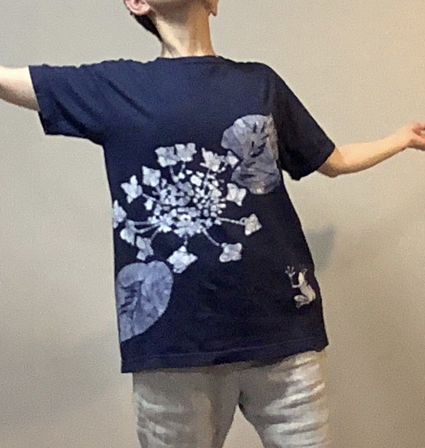 紫陽花と蛙　手染めTシャツ/XXL・XXXL