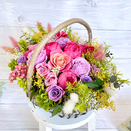 お花たっぷりバスケット〜フランボワーズ /プリザーブドフラワー/新築