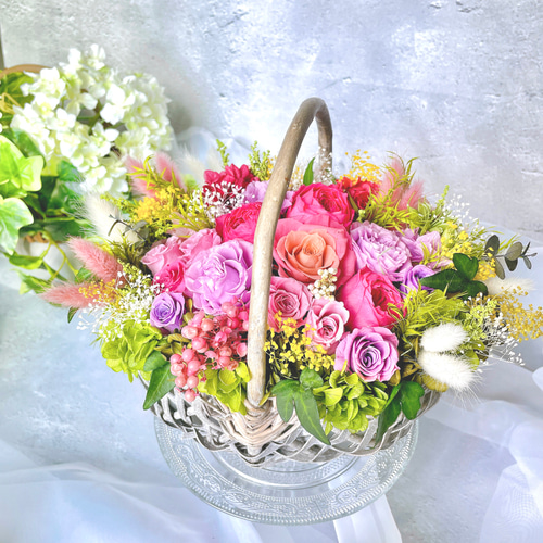 フェラーリ ロゴ入り プリザーブドフラワー　新築祝い お花たっぷりバスケット〜フランボワーズ /プリザーブドフラワー/新築