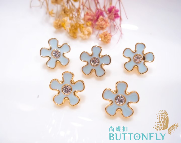 【11mm / 5顆裝】金邊+水鑽 馬卡龍色系 花朵造型鈕扣(7色) 第14張的照片