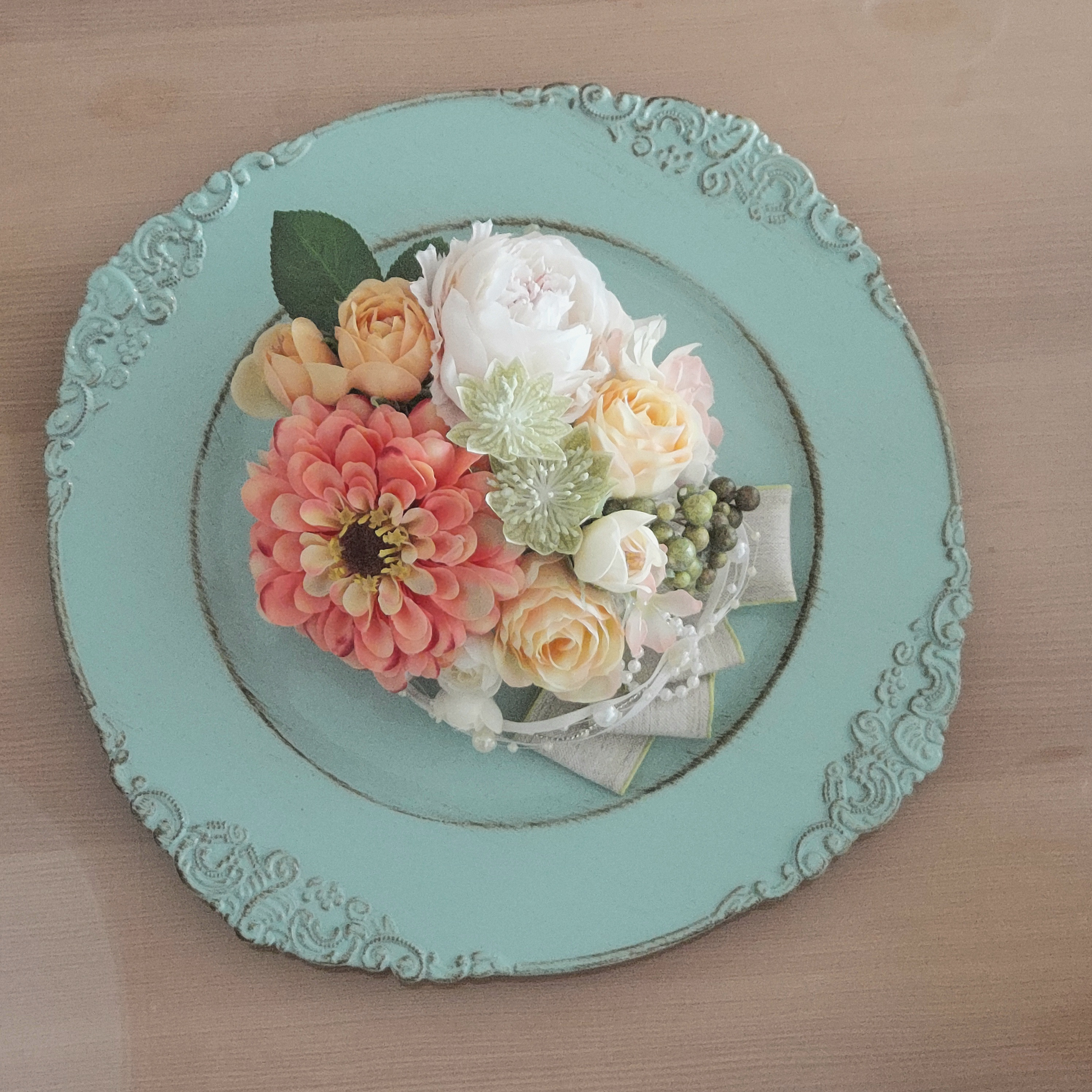 【トレイアレンジ】ジニア&ピオニー(アーティフィシャルフラワー)