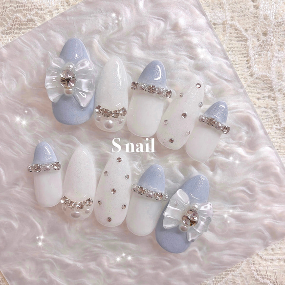 【着画あり】ハンドメイド　ネイルチップオーダー　リボン　可愛い　韓国ネイル　水色 着画あり】ハンドメイド ネイルチップオーダー リボン 可愛い