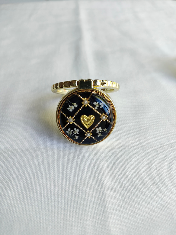 ハート ゴールド チェック スマホリング/バンカーリングドライフラワー入り 5枚目の画像