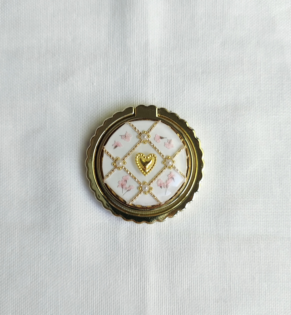 ハート ゴールド チェック スマホリング/バンカーリングドライフラワー入り 6枚目の画像