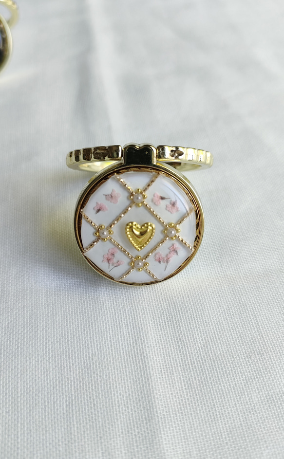 ハート ゴールド チェック スマホリング/バンカーリングドライフラワー入り 7枚目の画像