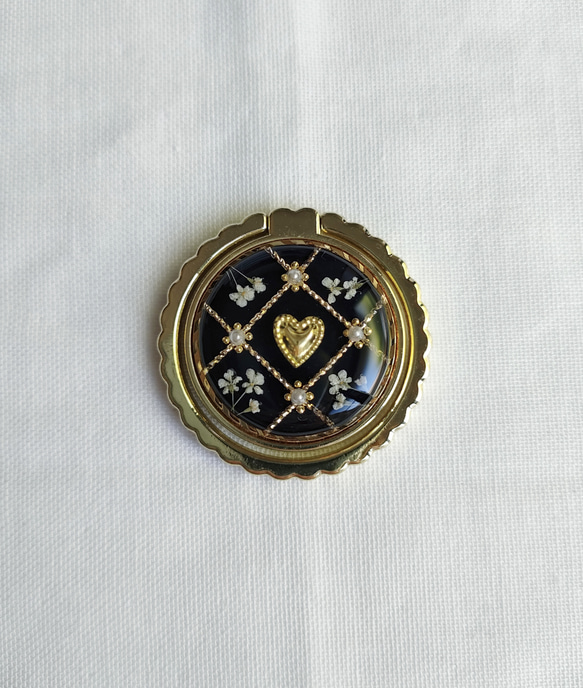 ハート ゴールド チェック スマホリング/バンカーリングドライフラワー入り 4枚目の画像