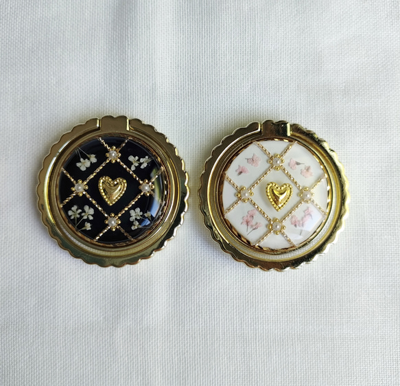 ハート ゴールド チェック スマホリング/バンカーリングドライフラワー入り 2枚目の画像