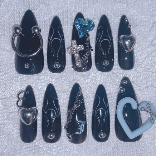 【No.050】ネイルチップ♡ロングネイル♡サブカル♡クリアネイル♡ピアス No.050】ネイルチップ♡ロングネイル♡サブカル♡クリアネイル