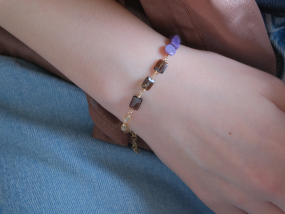 Charoite bracelet：天然石ブレスレット 淡水パール×チャロアイト×スモーキークォーツ×シトリン 6枚目の画像