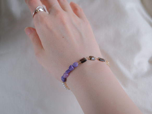 Charoite bracelet：天然石ブレスレット 淡水パール×チャロアイト×スモーキークォーツ×シトリン 15枚目の画像