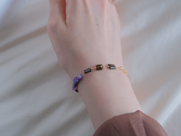 Charoite bracelet：天然石ブレスレット 淡水パール×チャロアイト×スモーキークォーツ×シトリン 7枚目の画像