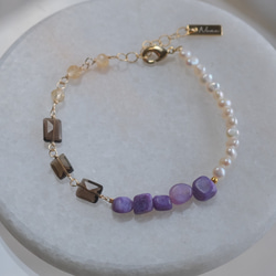 Charoite bracelet：天然石ブレスレット 淡水パール×チャロアイト×スモーキークォーツ×シトリン 2枚目の画像