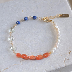 Orange sunstone bracelet：天然石ブレスレット 淡水パール×サンストーン×グリーンアメジ 1枚目の画像