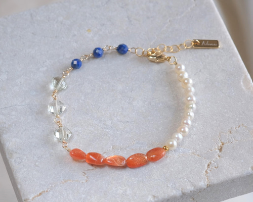 Orange sunstone bracelet：天然石ブレスレット 淡水パール×サン