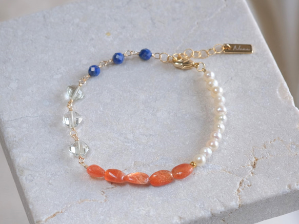 Orange sunstone bracelet：天然石ブレスレット 淡水パール×サンストーン×グリーンアメジ 1枚目の画像