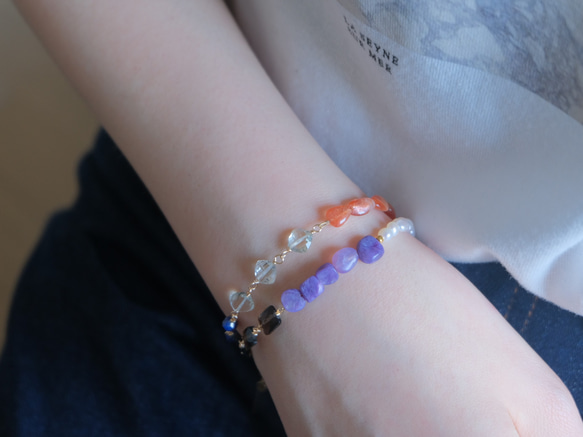 Orange sunstone bracelet：天然石ブレスレット 淡水パール×サンストーン×グリーンアメジ 10枚目の画像