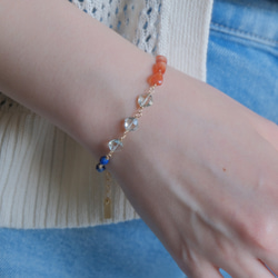 Orange sunstone bracelet：天然石ブレスレット 淡水パール×サンストーン×グリーンアメジ 5枚目の画像