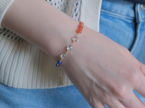 Orange sunstone bracelet：天然石ブレスレット 淡水パール×サンストーン×グリーンアメジ 5枚目の画像