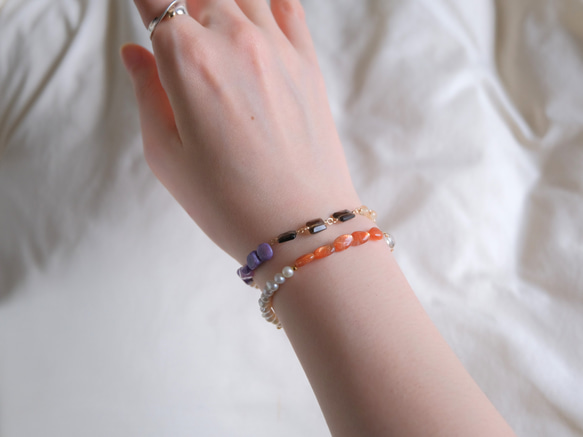 Orange sunstone bracelet：天然石ブレスレット 淡水パール×サンストーン×グリーンアメジ 9枚目の画像