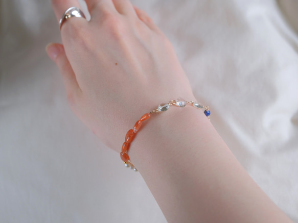 Orange sunstone bracelet：天然石ブレスレット 淡水パール×サンストーン×グリーンアメジ 11枚目の画像