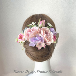 ロマンティークなモーブローズと紫陽花のヘッドドレス　成人式　ウェディング　ピンク　結婚式　卒業袴　髪飾り　ヘッドパーツ　 3枚目の画像