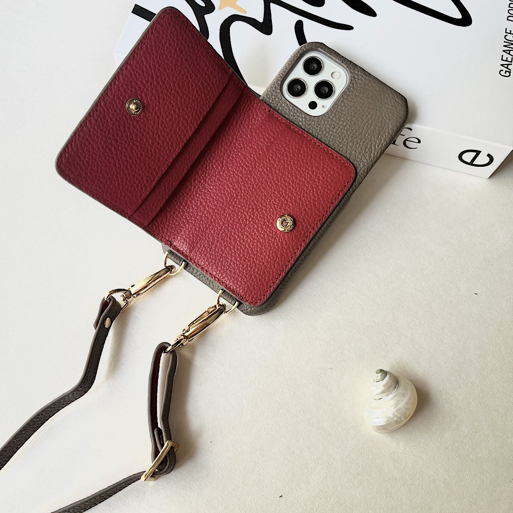 本革 スマホショルダー　 バイカラー　ショルダー付き 背面収納　手ぶら  レザーiphoneケース　バイカラー