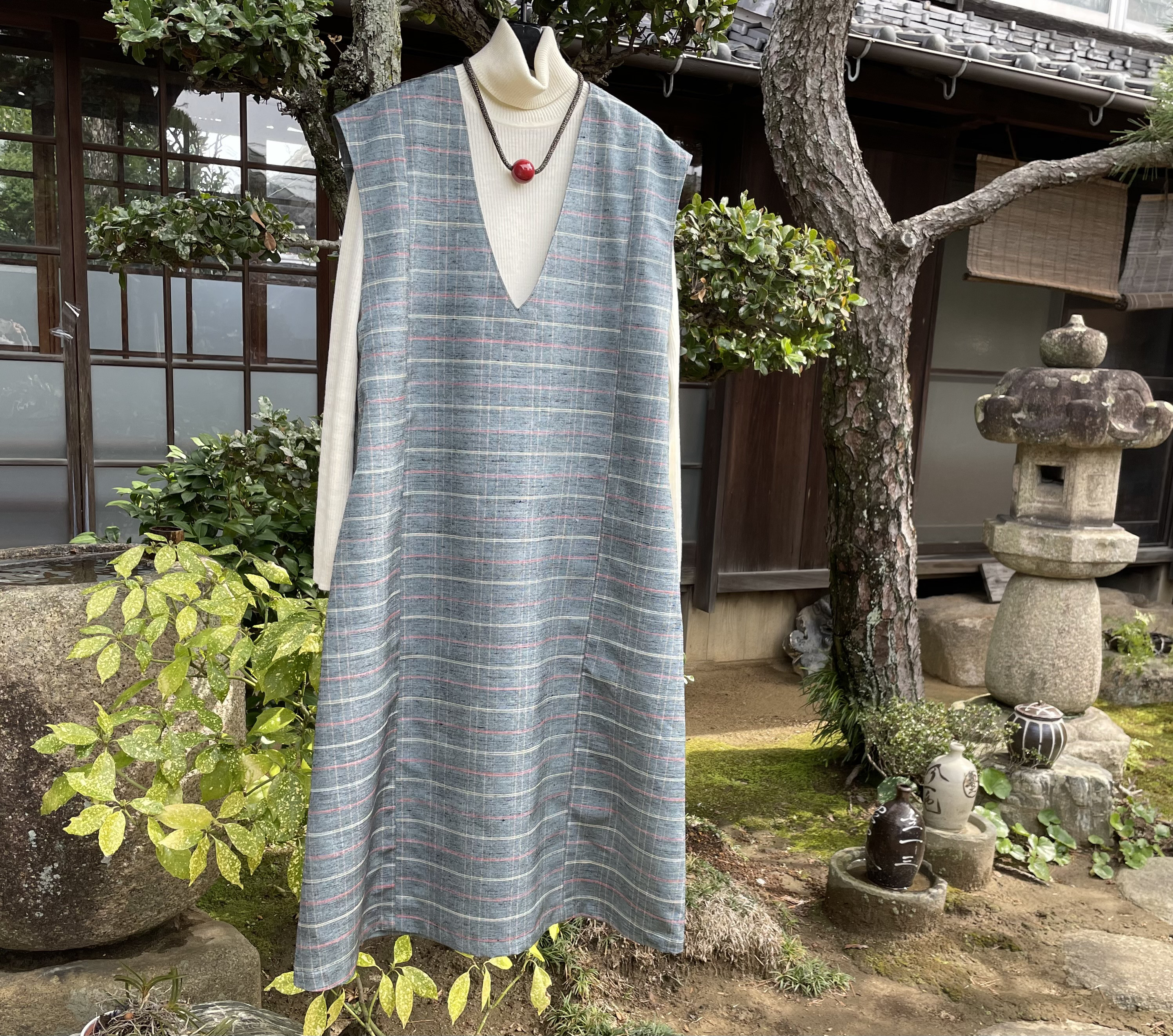 着物リメイク】Vネックジャンパースカート/Aライン/紬