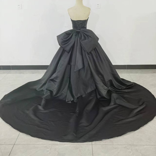 色直し パーティードレス 黑 ベアトップ リボン サテン スレンダー  