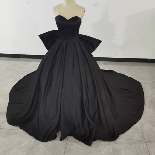 色直し パーティードレス 黑 ベアトップ リボン サテン スレンダー  