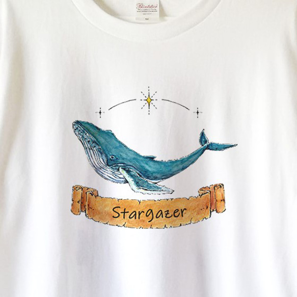 【送料無料】星を眺めるザトウクジラの白Tシャツ～子供から大人までみんなで使える13サイズ～ 2枚目の画像