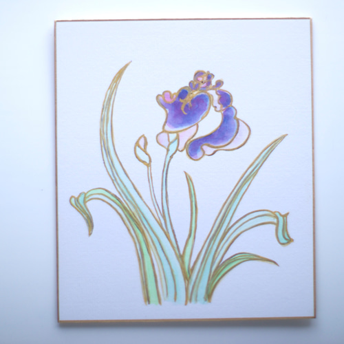 花菖蒲 日本画 邦江作 日本画】花菖蒲_色紙に描く 絵画 Mieko.K Art Goods 通販 15861366