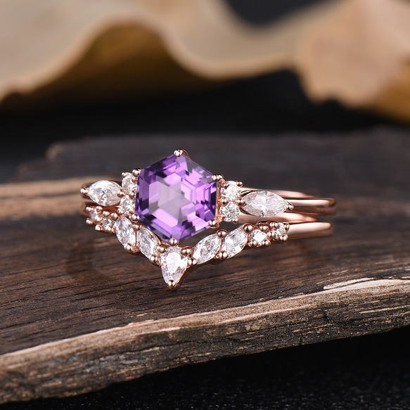 2月誕生石 天然アメジスト 婚約指輪 モアッサナイト 紫水晶 ブライダルリング 母の日 ジュエリー プロミスギフト 3枚目の画像