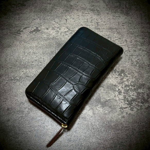 クロコダイル　長財布　ワニ革財布　ブラック　黒色　　ダブルファスナー メンズ／レディース クロコダイル ラウンドファスナー 長財布