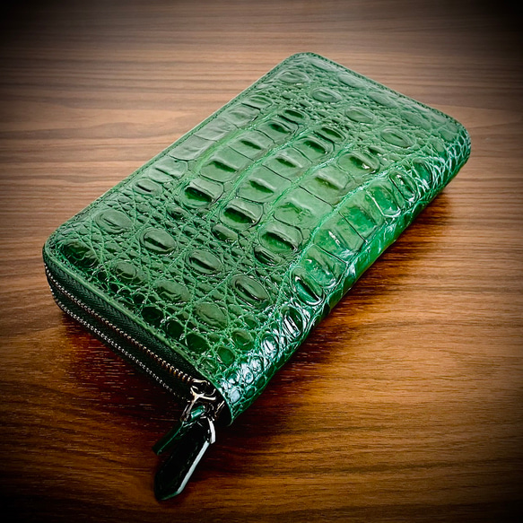 圧倒的な収納力 クロコダイル ダブルジッパー メンズ財布 ダブルファスナー 長財布 大容量 グリーン 緑 1枚目の画像