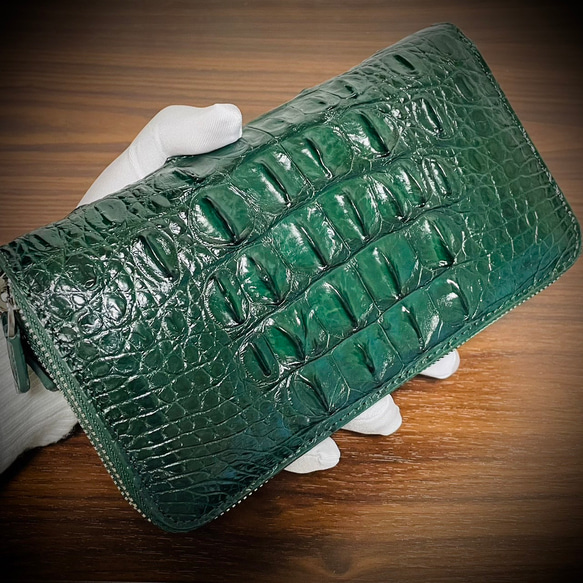 圧倒的な収納力 クロコダイル ダブルジッパー メンズ財布 ダブルファスナー 長財布 大容量 グリーン 緑 2枚目の画像