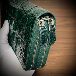 圧倒的な収納力 クロコダイル ダブルジッパー メンズ財布 ダブルファスナー 長財布 大容量 グリーン 緑 4枚目の画像