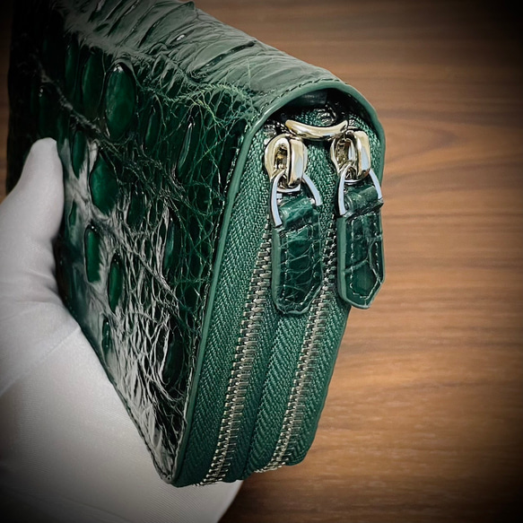 圧倒的な収納力 クロコダイル ダブルジッパー メンズ財布 ダブルファスナー 長財布 大容量 グリーン 緑 4枚目の画像