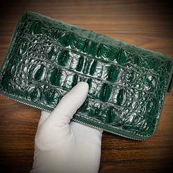 圧倒的な収納力 クロコダイル ダブルジッパー メンズ財布 ダブルファスナー 長財布 大容量 グリーン 緑 3枚目の画像