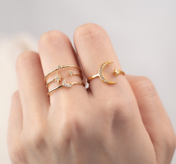 【選べる】三日月と星の惑星リング２点セット　フォークリング 大ぶり　クリスマス 4枚目の画像