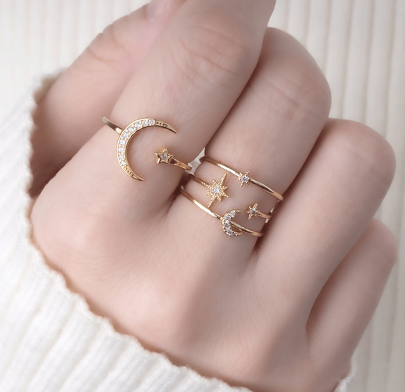【選べる】三日月と星の惑星リング２点セット　フォークリング 大ぶり　クリスマス 1枚目の画像